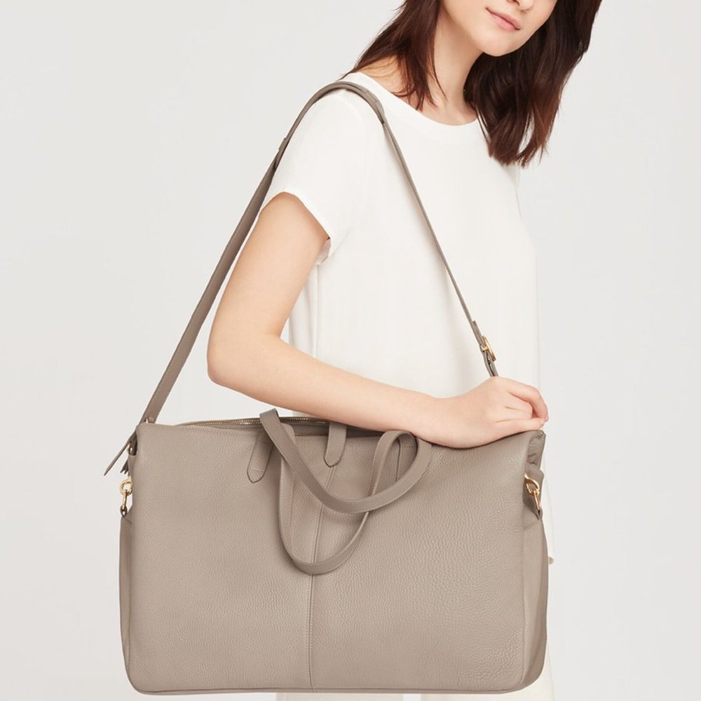 CUYANA Triple Zipper Weekender Travel Bag Stone Pebbled Leather